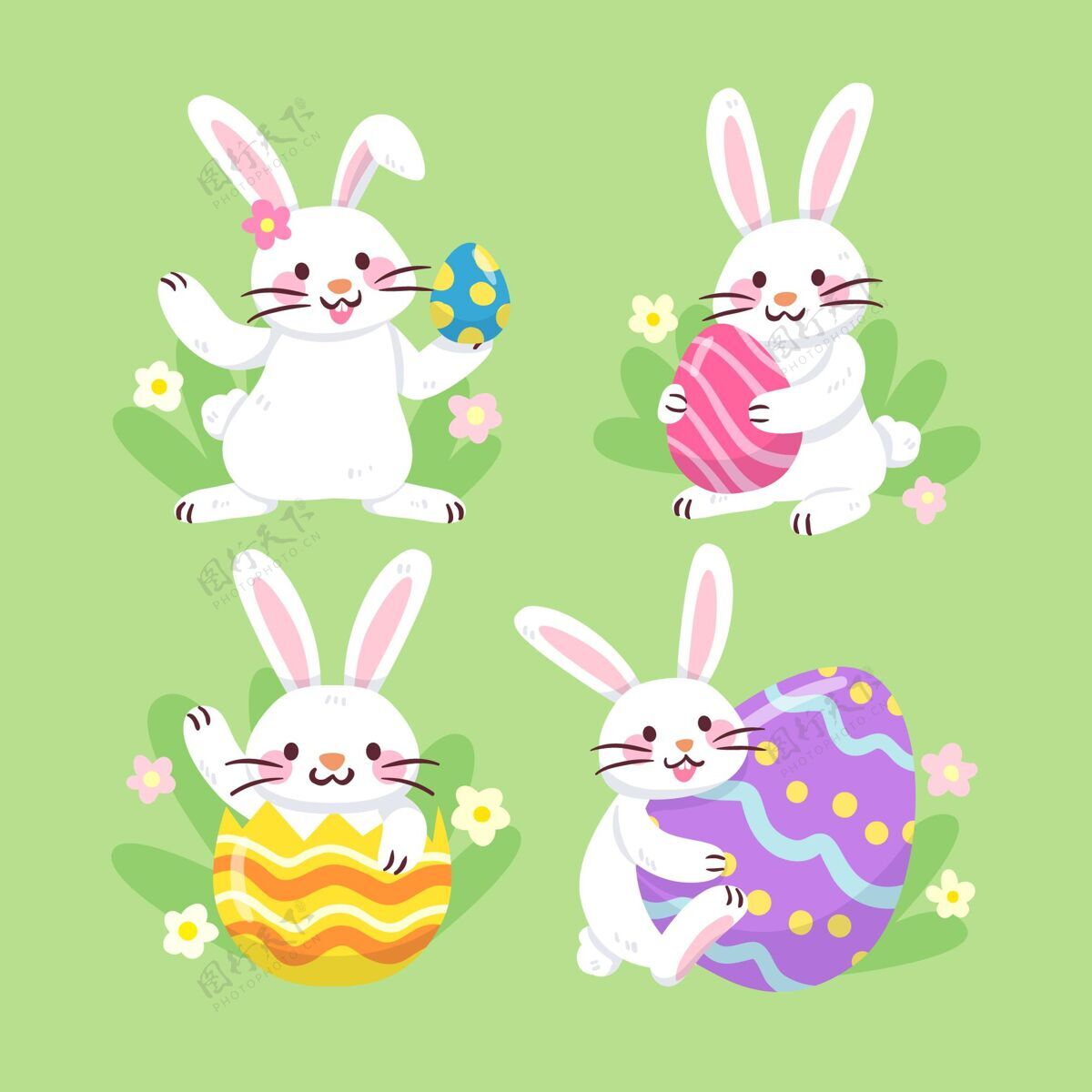 复活节手绘复活节兔子系列设置庆祝传统