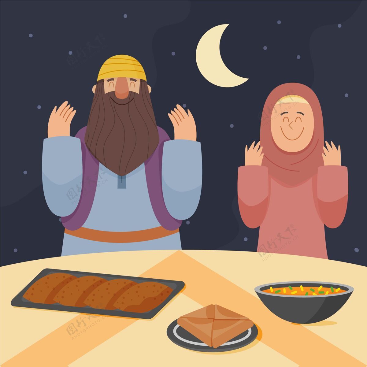 穆斯林手绘开斋节插图与人宴会伊斯兰斋月