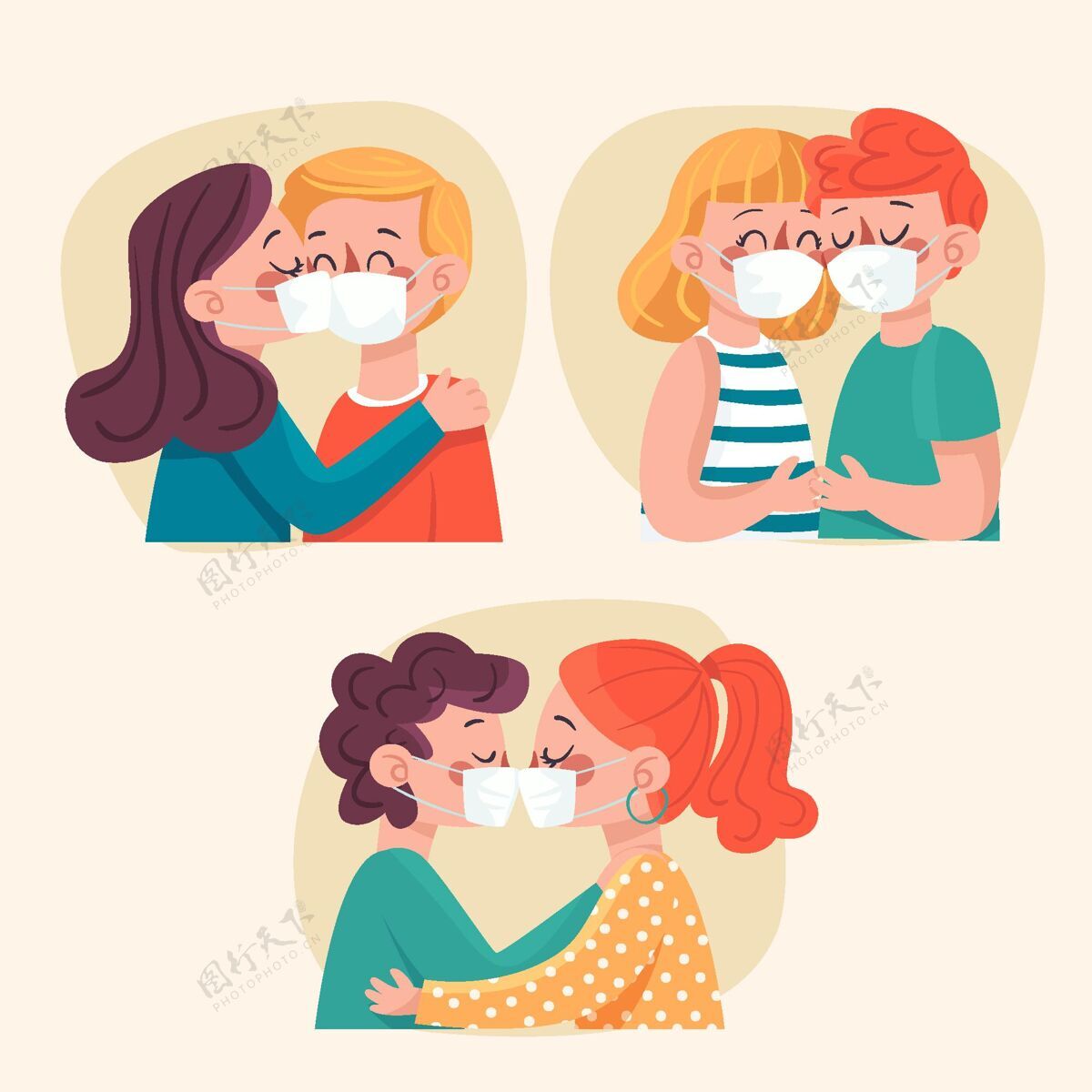 关系手绘情侣用covid面具接吻插图感情二插画