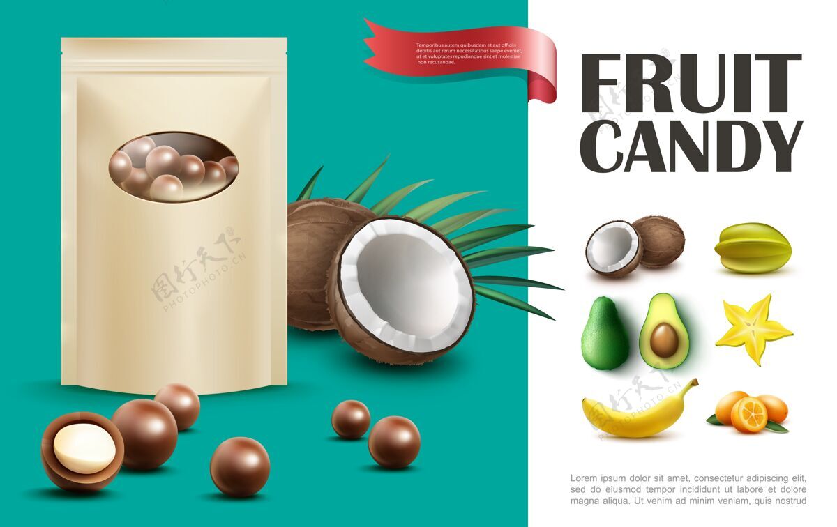 产品现实的水果糖果概念与巧克力球袋椰子杨桃香蕉鳄梨香草金橘插图巧克力奶油零食