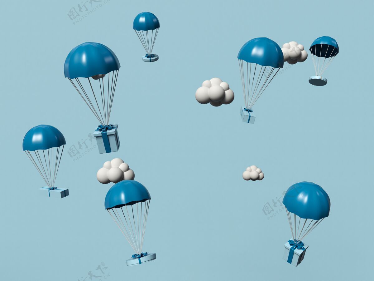 订购三维插图礼品盒与降落伞在空中飞行网上购物和送货服务的概念商业营销插图