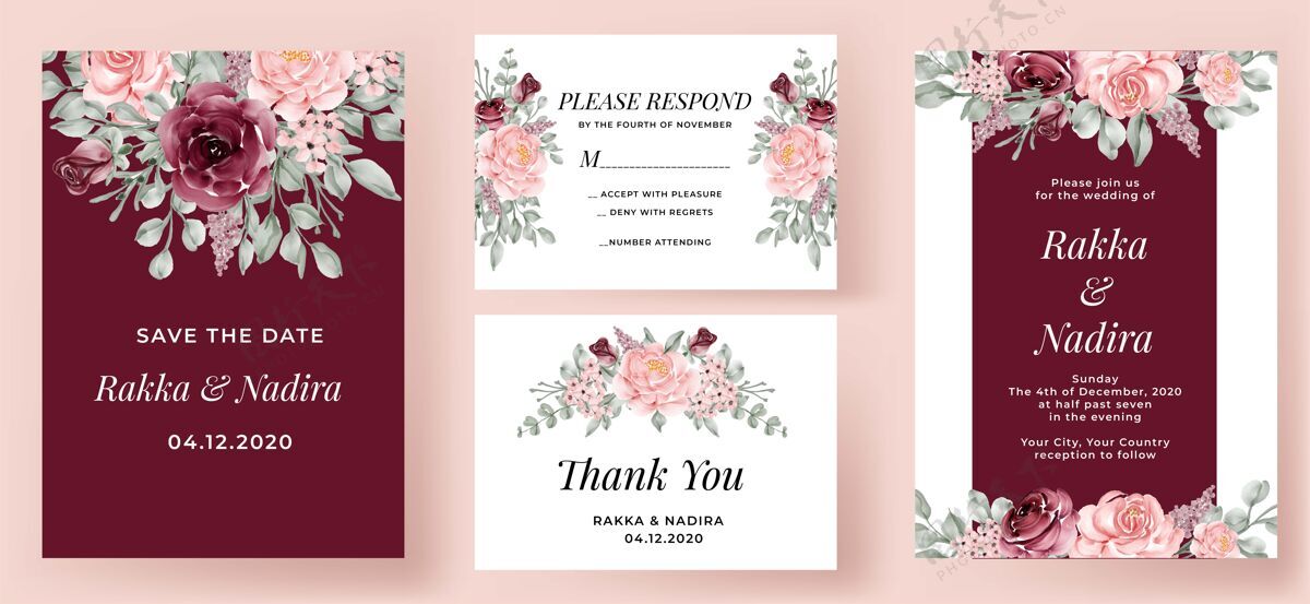 水彩优雅的婚礼请柬集勃艮第和粉红玫瑰卡片保存日期分支