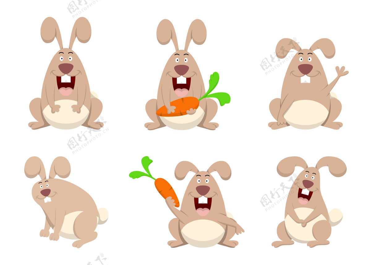 可爱可爱的兔子和胡萝卜字符收集捆绑宠物画设置