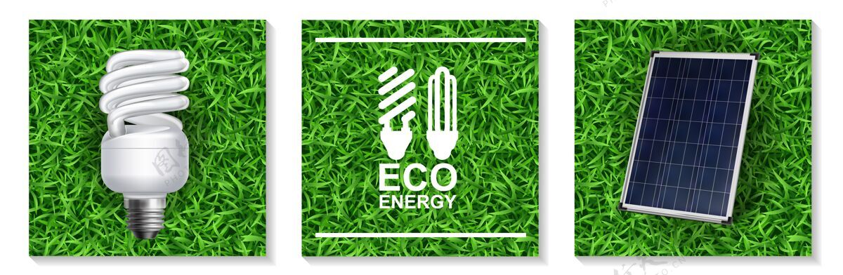 能源现实的生态能源现代概念与节能灯和太阳能电池板上的草插图面板概念现实