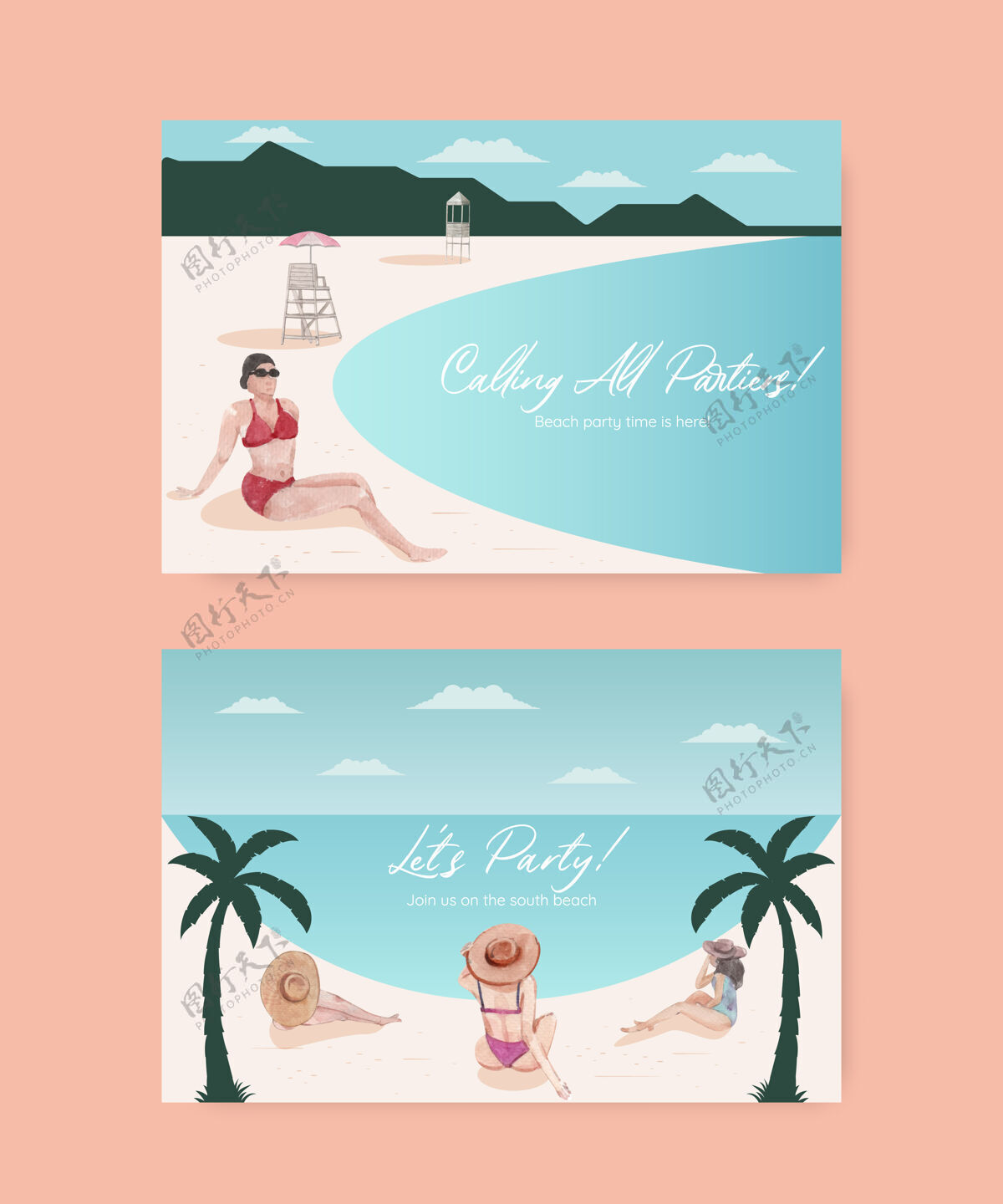 营销卡模板与海滩度假概念设计水彩插画广告海洋休闲
