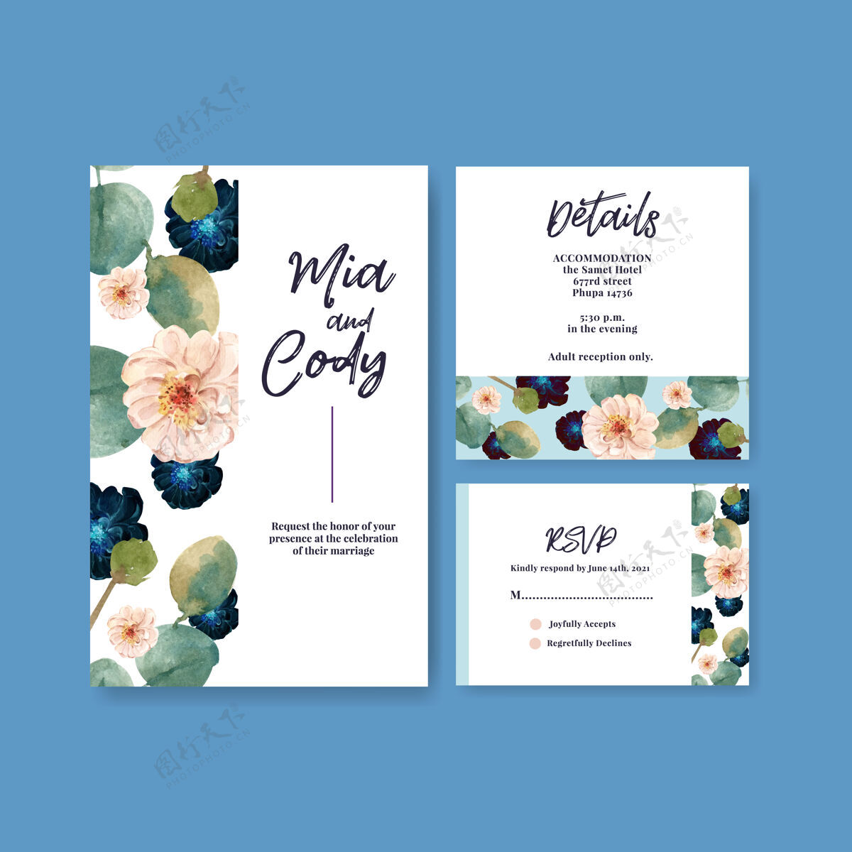 婚礼婚卡模板与爱绽放概念设计水彩插画夏天水彩花卉