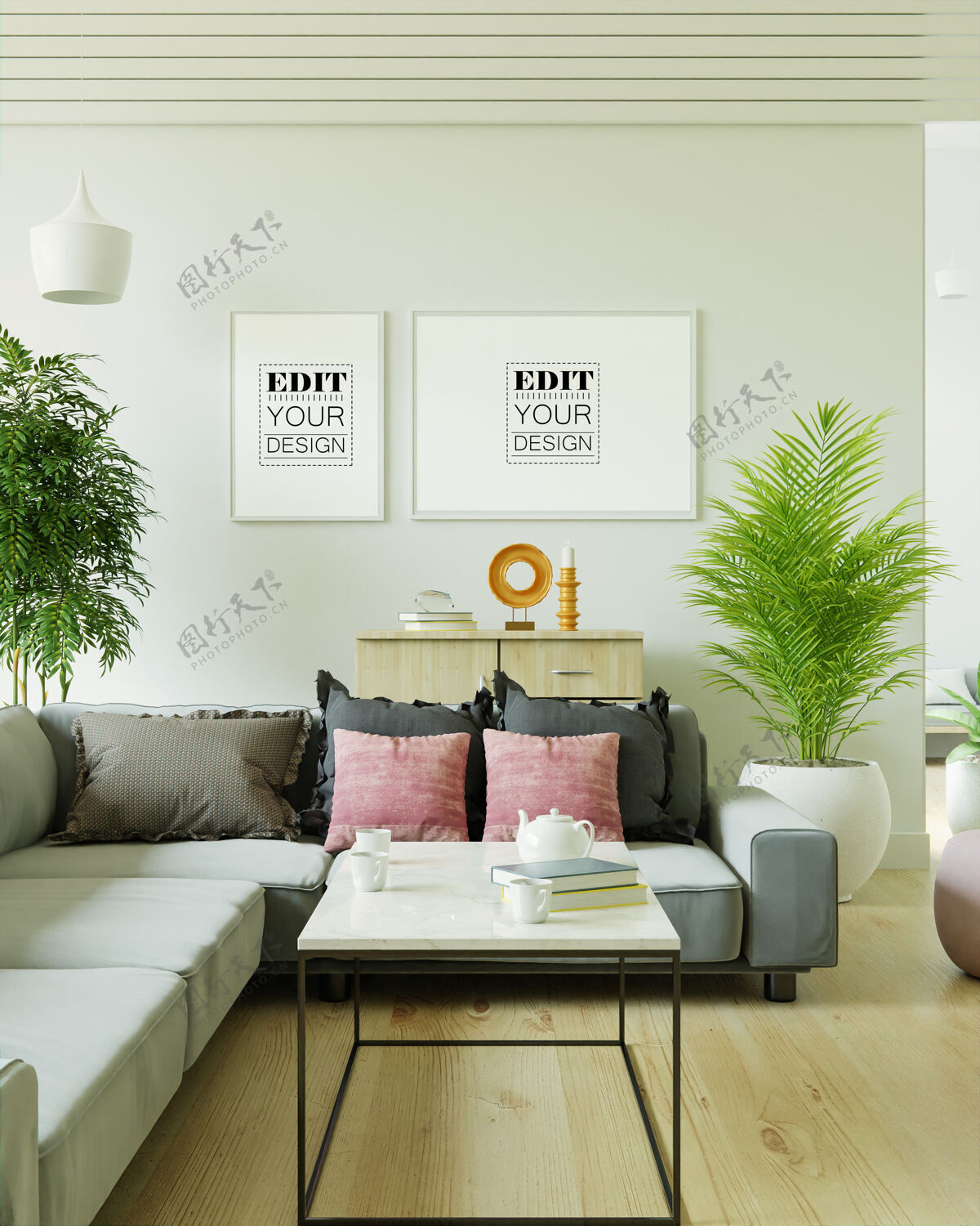 室内客厅模型中的海报框架植物家具墙