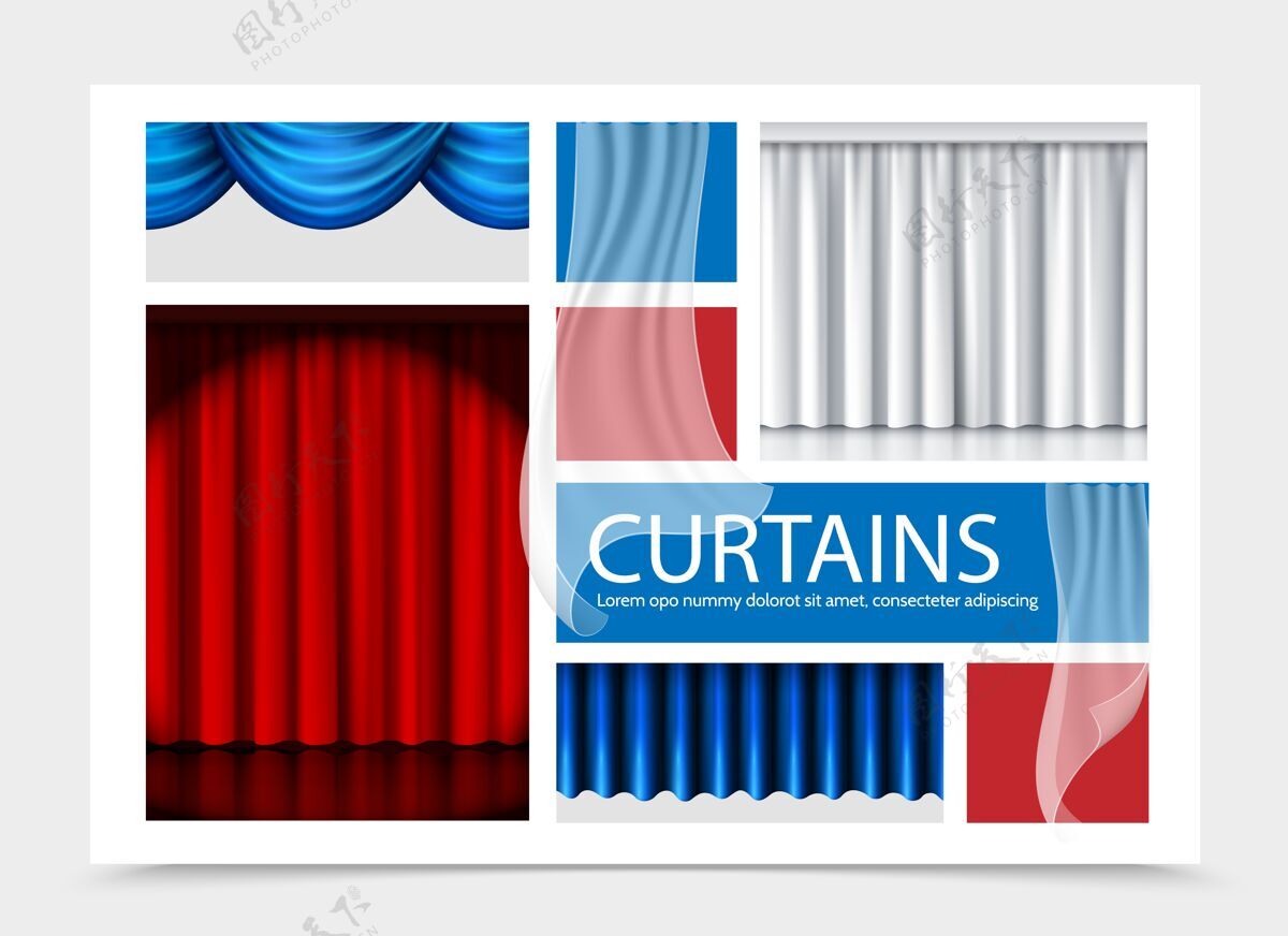 红色逼真的窗帘构图与蓝白红不同质感的美丽窗帘插画窗帘组成不同