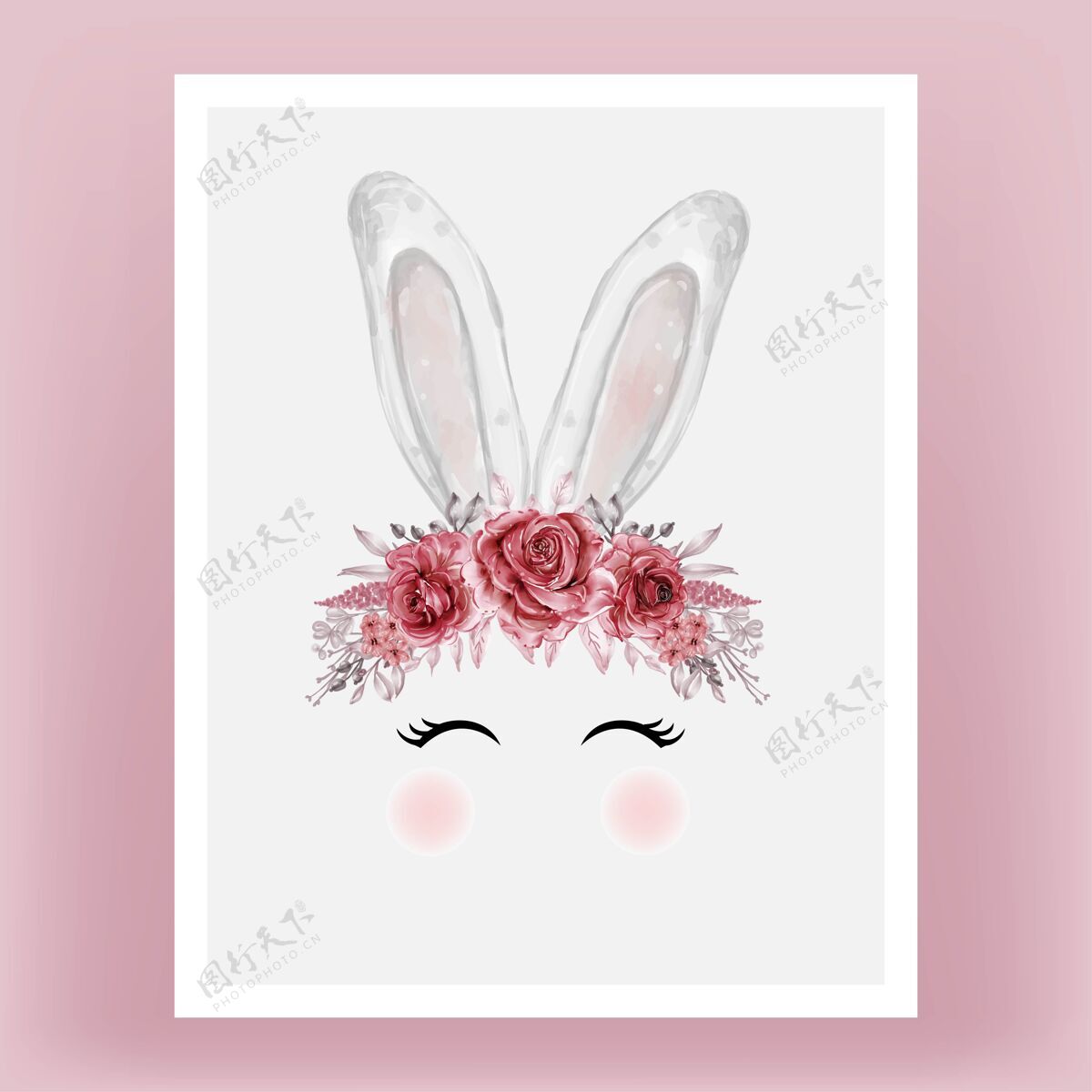 装饰兔子头水彩花红色栗色手绘插图手动物可爱