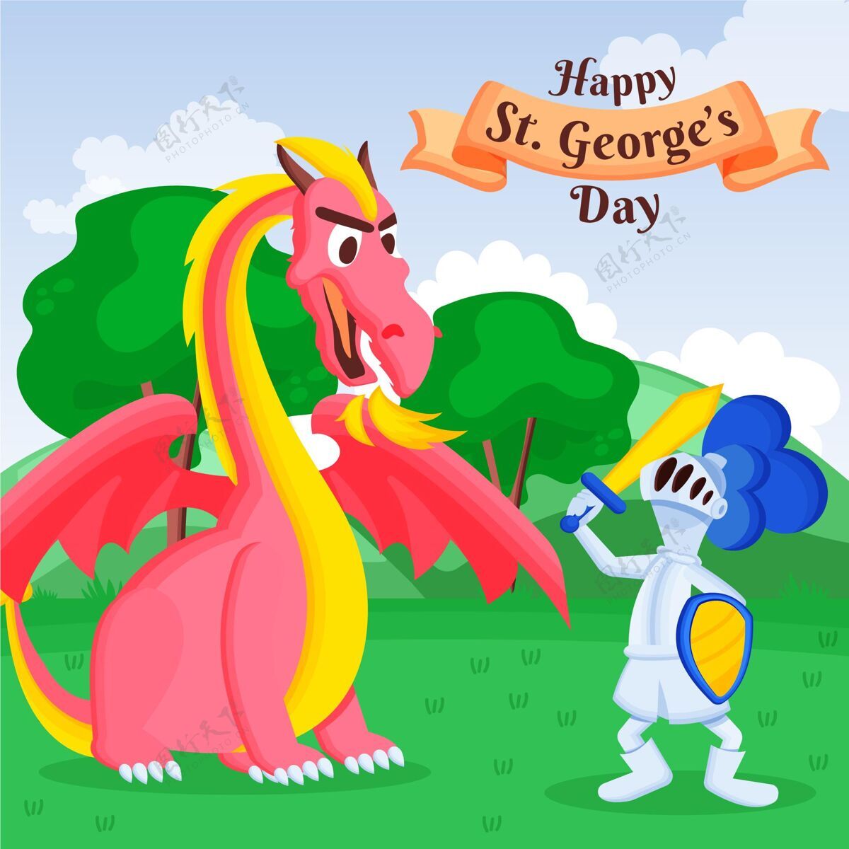 西班牙卡通圣乔治节插图与龙和骑士骑士插画场合