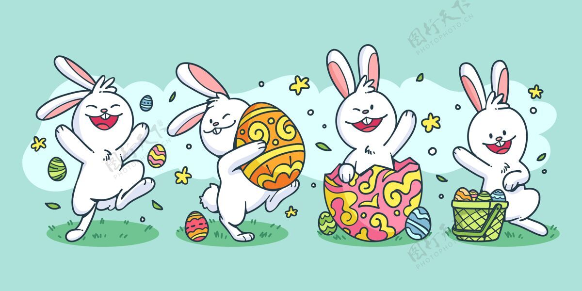 兔子手绘复活节兔子系列设置插图庆祝