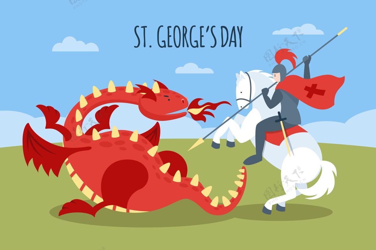 西班牙卡通圣乔治节插图与龙和骑士传统场合插画