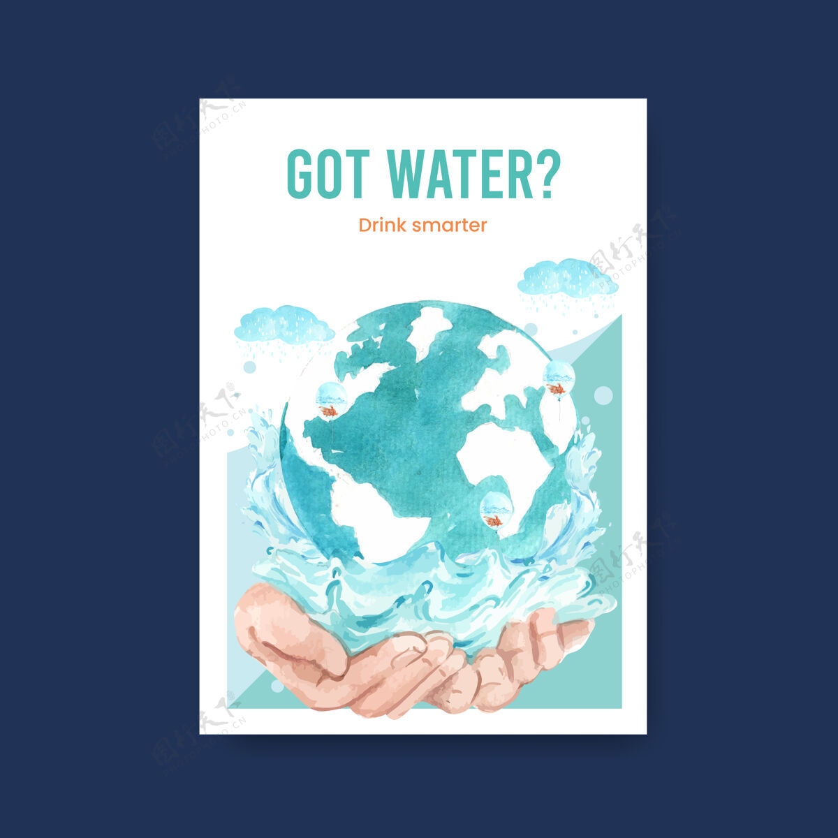 保护海报模板与世界水日概念设计广告和营销水彩插图健康和平蓝色