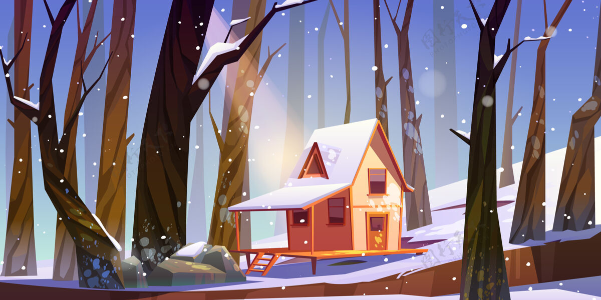 降雪冬天森林里的木制高跷屋Gui小屋下雪