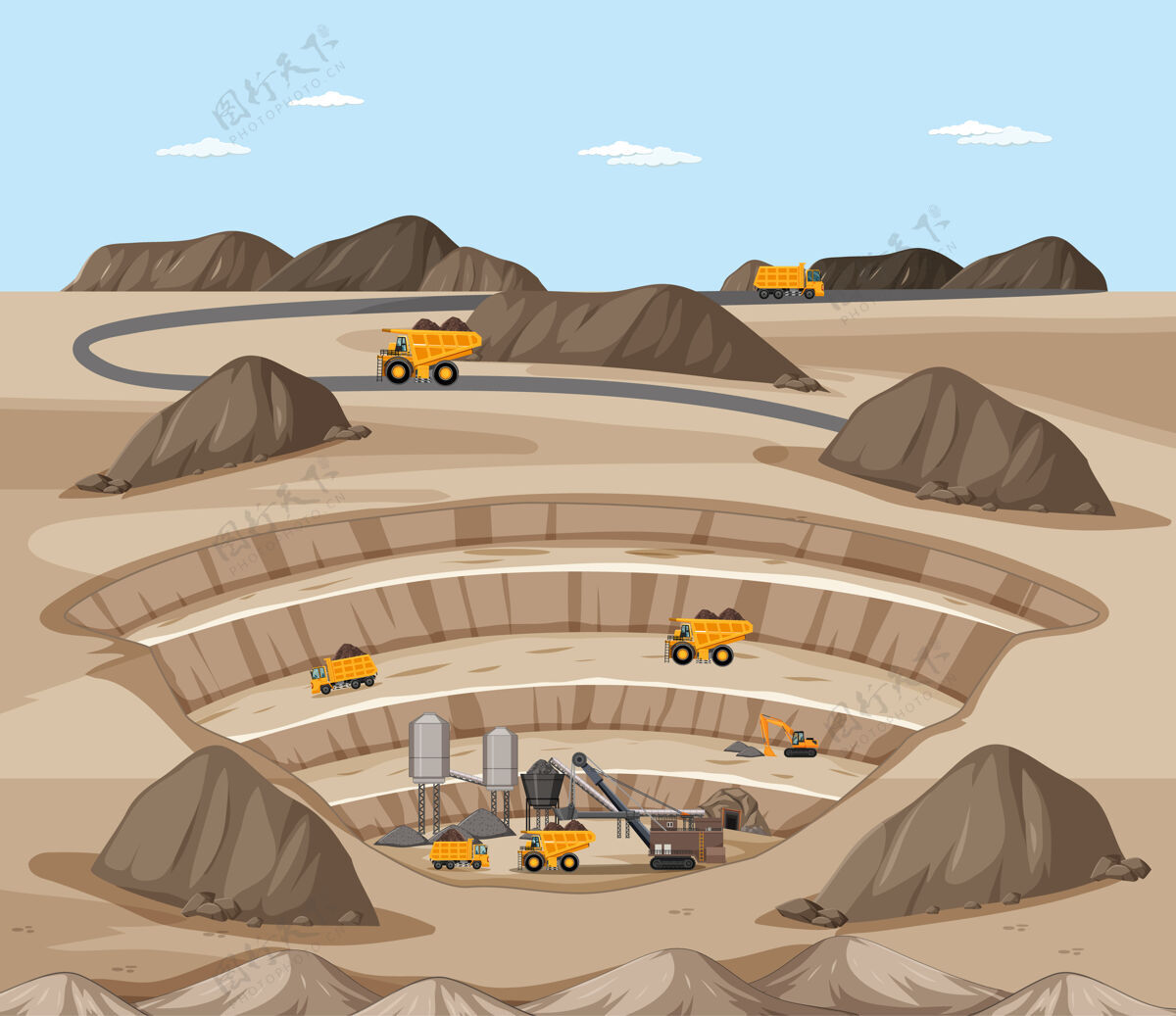 起重机起重机和卡车的煤矿景观挖掘环境采矿