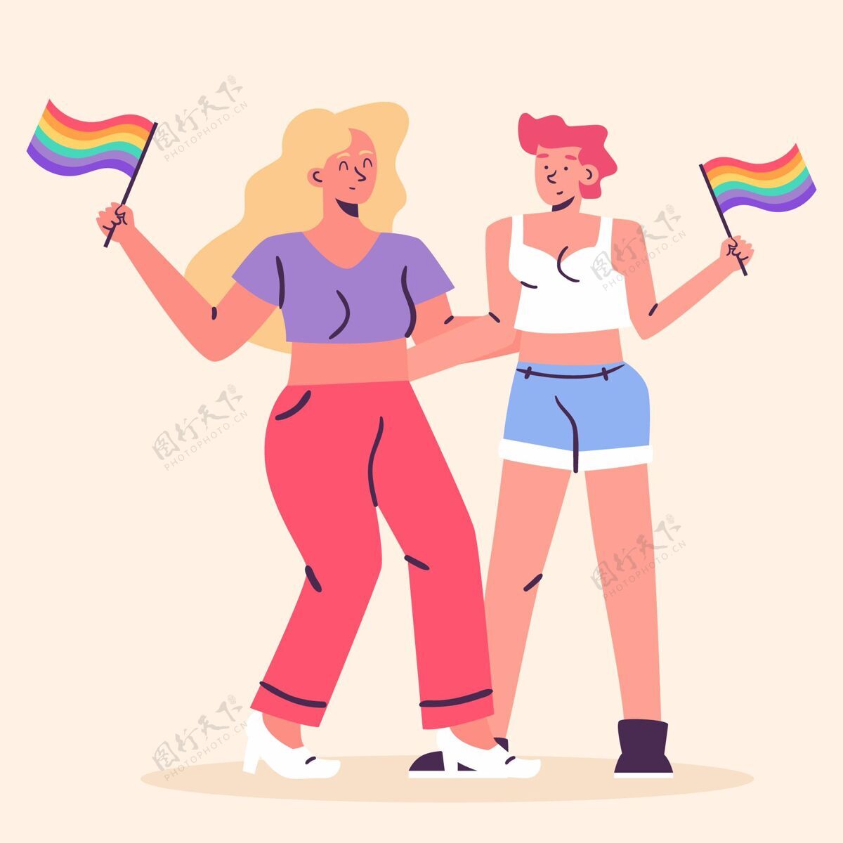 平等有机平面女同性恋夫妇插图与lgbt旗帜授权夫妇平面