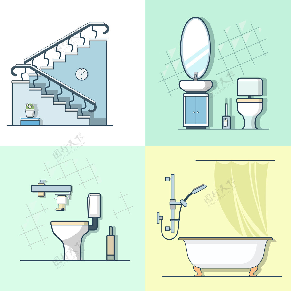 线条浴室卫生间梯子室内元素家具集线性笔划轮廓图标室内线性卫生间