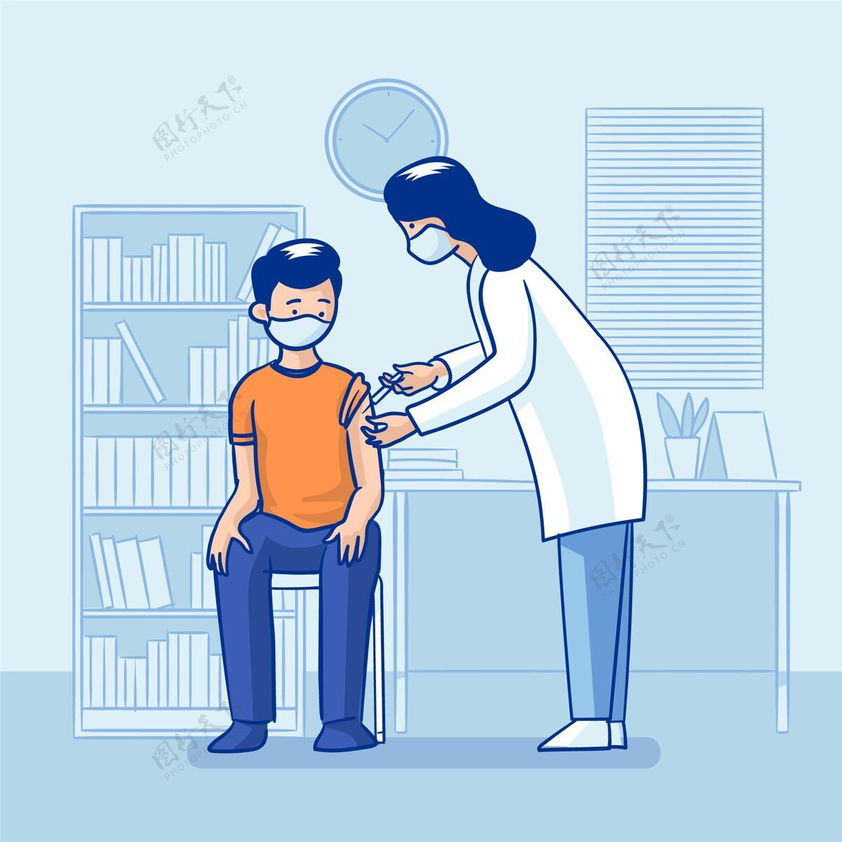 病人平面手绘医生给病人注射疫苗冠状病毒疫苗医生