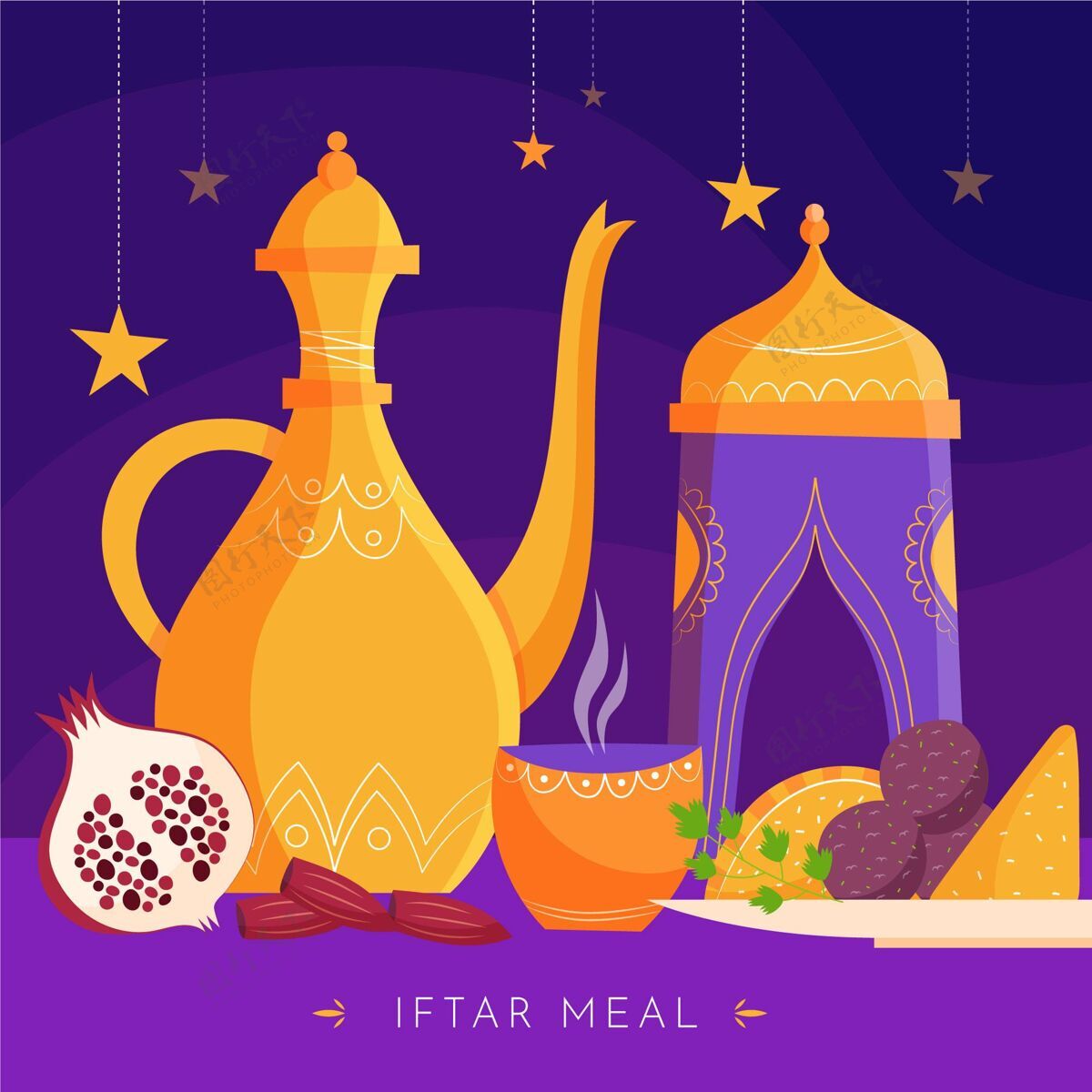 手绘手绘开斋大餐插图穆斯林食物斋月