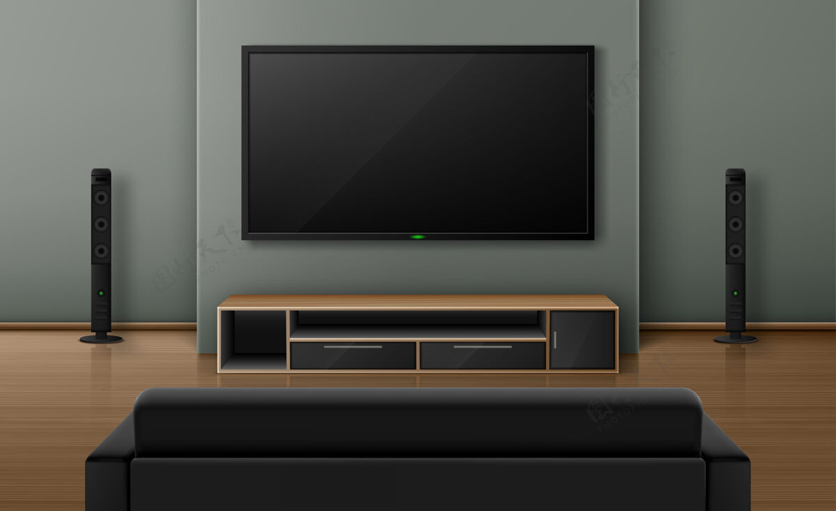 视觉客厅内部配有沙发后视图和动态电视舒适电影院木头
