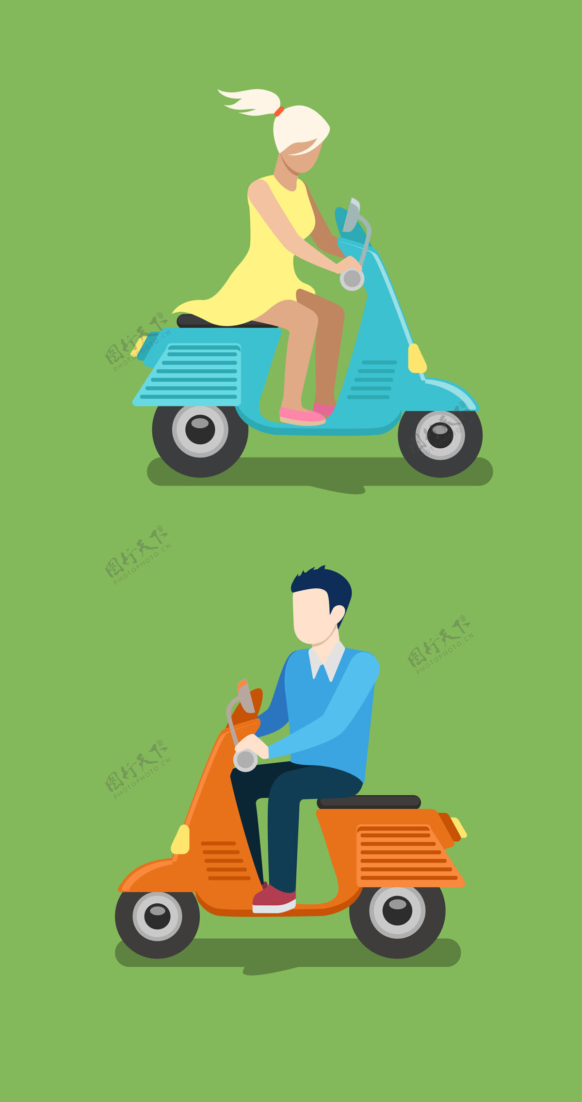 乐趣人们骑着轻便摩托车创造性的平面设计插图集年轻人在休闲和妇女在礼服驾驶蓝色橙色踏板车侧视图绿色背景男人壁板速度