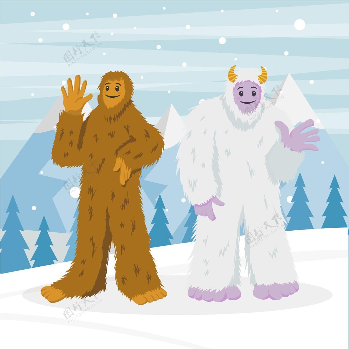 生物手绘大脚大脚怪和雪人可爱的雪人插图雪人吓坏了吓人