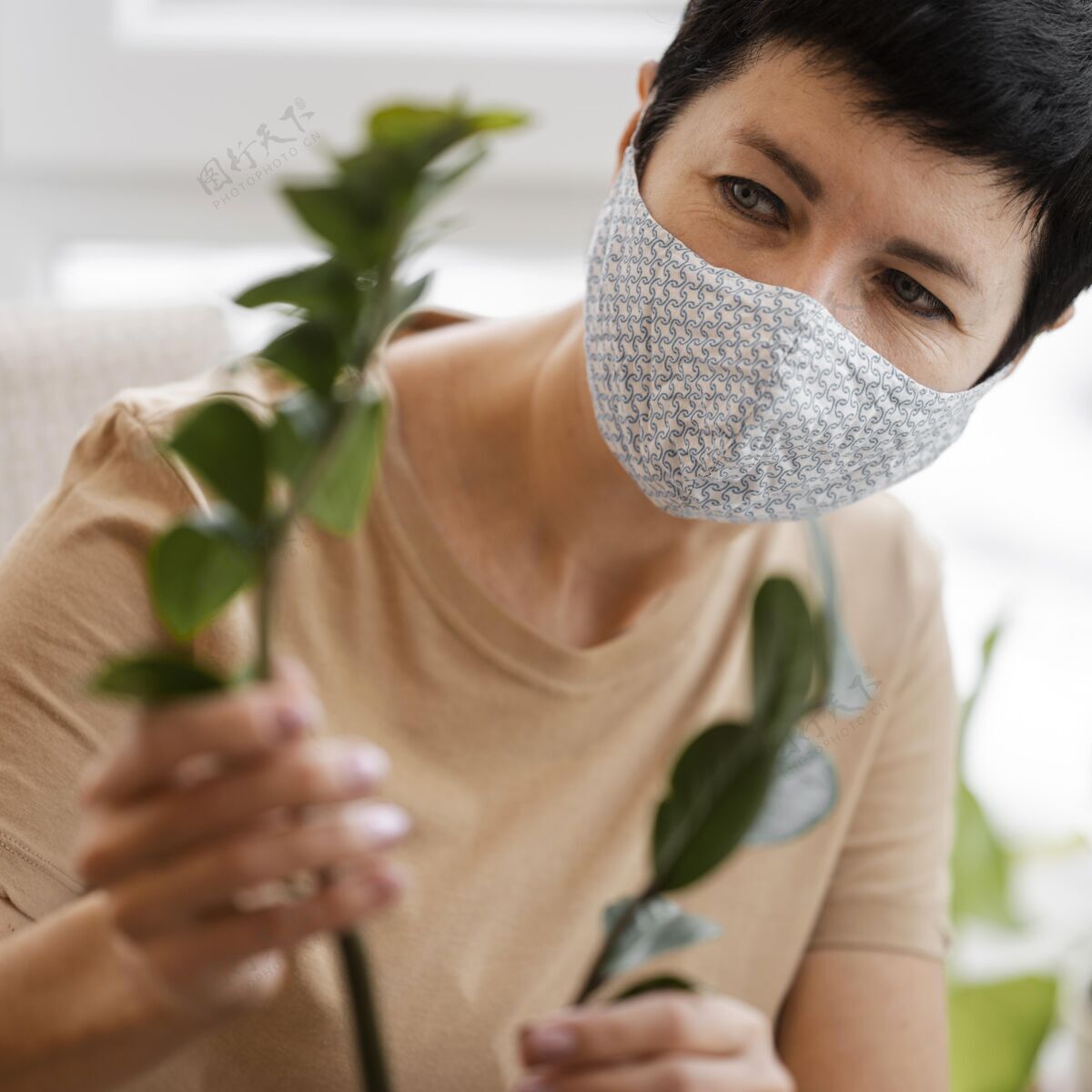 女人戴着口罩照顾室内植物的女人的正面图家居女人园艺