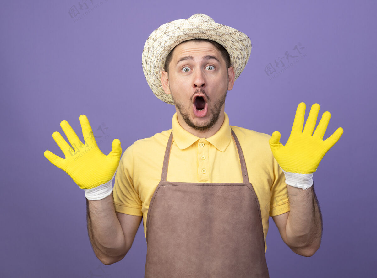 升起年轻的园丁身穿连体衣 戴着工作手套 戴着帽子 站在紫色的墙上 惊讶地举手投降惊喜人工作