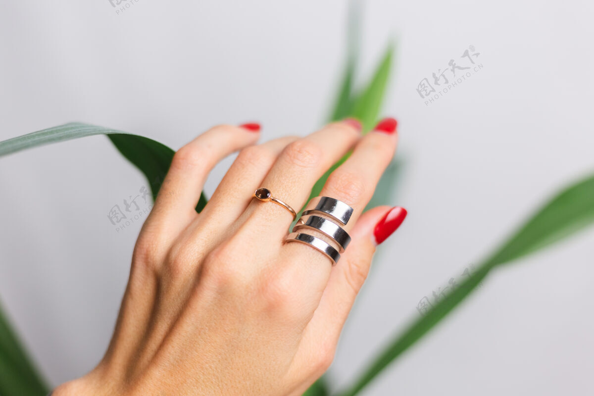 新鲜女人的手上有红色的指甲和两个指环 放在美丽的绿色棕榈叶上后面是灰色的墙手成人自然
