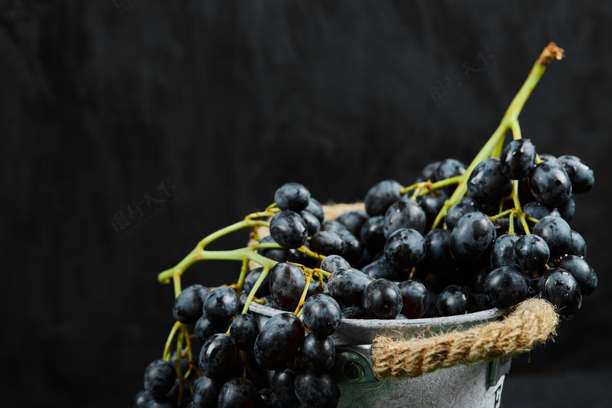 甜美桶里的一簇黑葡萄在黑暗的表面上串潮湿葡萄