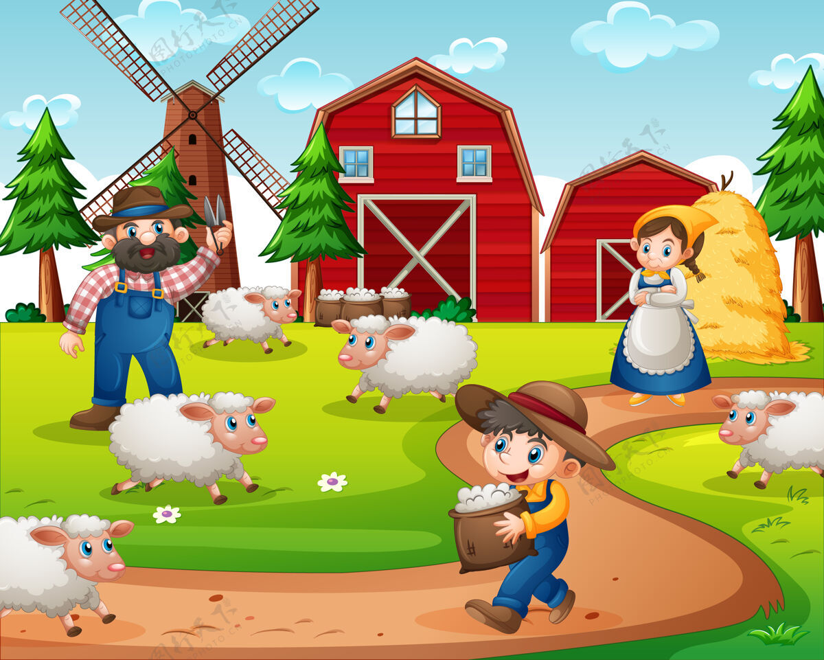 婴儿有红色谷仓和风车的农场场景羊健康羔羊