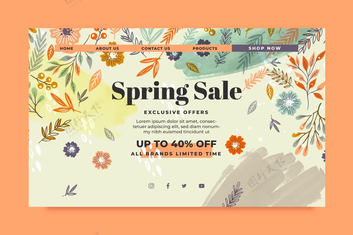 网页模板手绘春季销售网页模板登陆页自然植物
