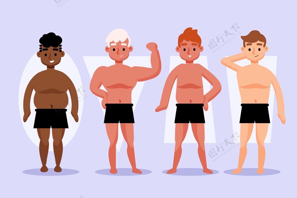 平面手绘插图类型的男性体型团体身体形状人