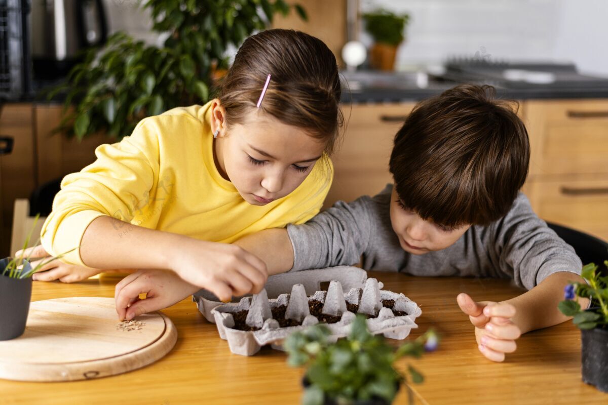 植物小男孩和小女孩在家播种庭院有机栽培