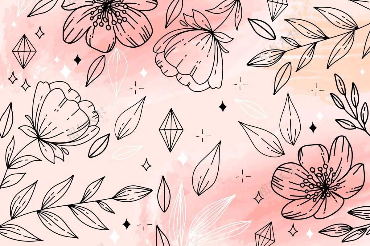 自然粉色水彩背景和手绘花卉纹理手绘闪光