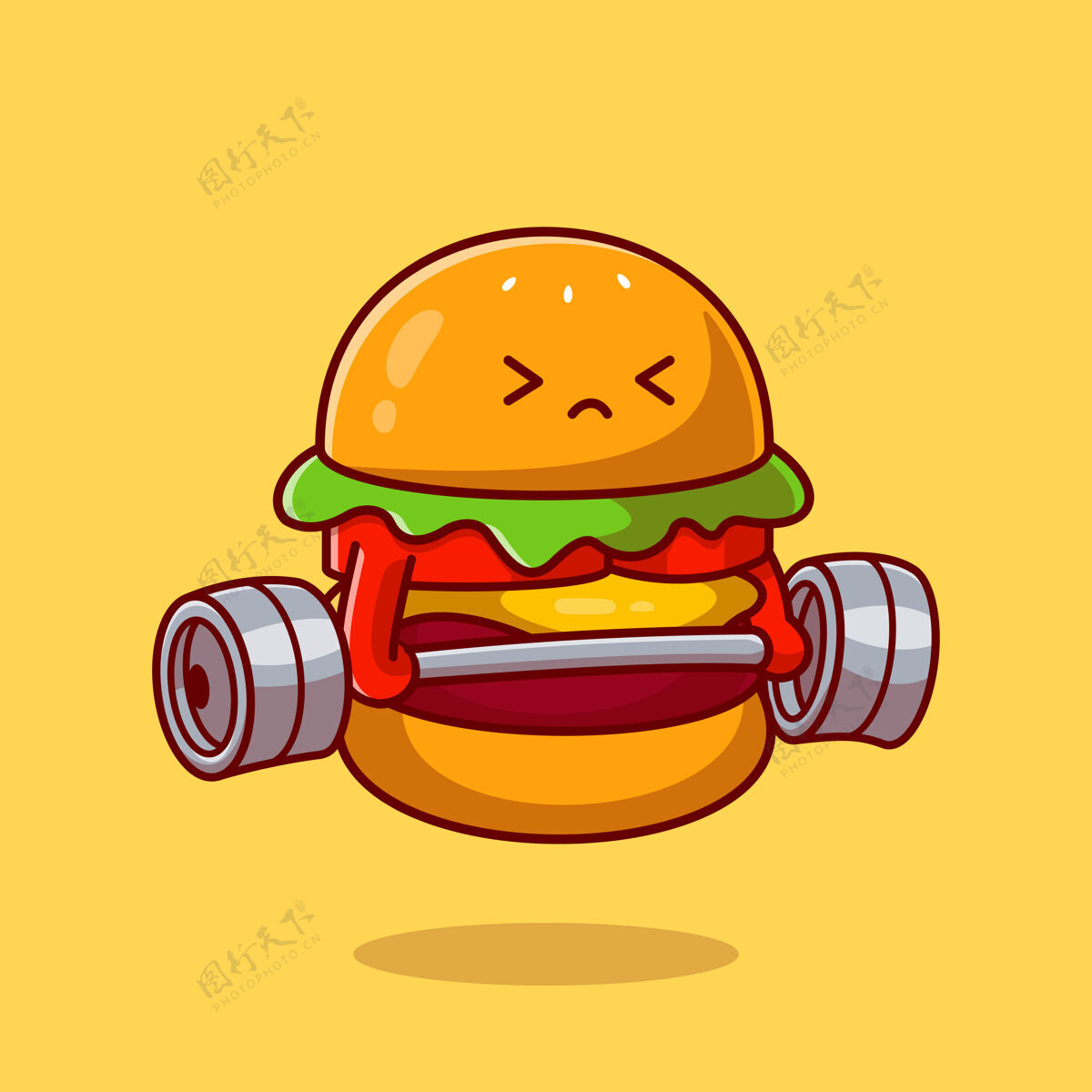 疲倦可爱的汉堡举杠铃卡通矢量图标插图食品健康图标概念平面卡通风格美味人物锻炼