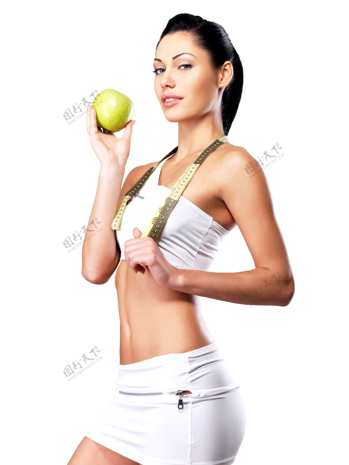 健康年轻健康的女士 饭后吃苹果美丽食物漂亮