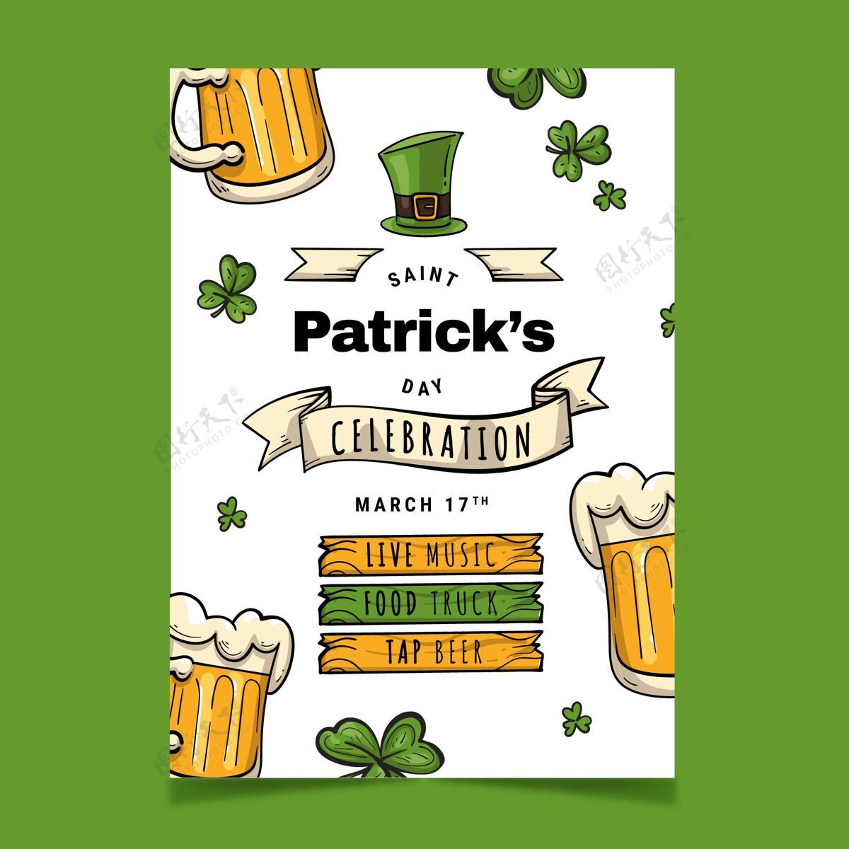 传统手绘圣帕特里克节传单模板爱尔兰三叶草圣帕特里克