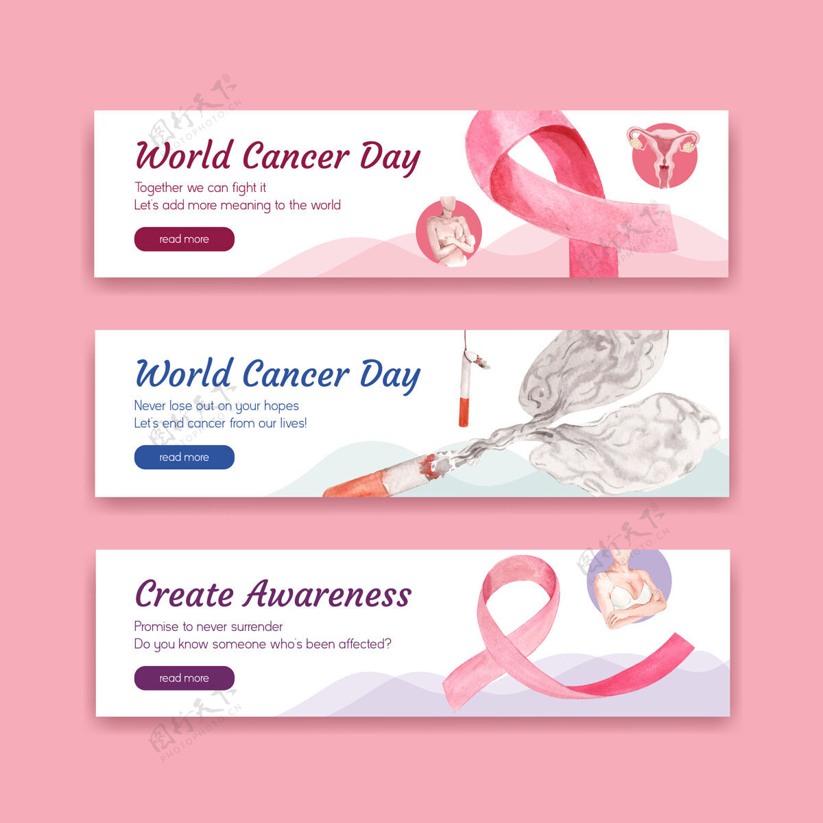 停止横幅模板与世界癌症日概念设计广告和营销水彩矢量插图预防希望治疗