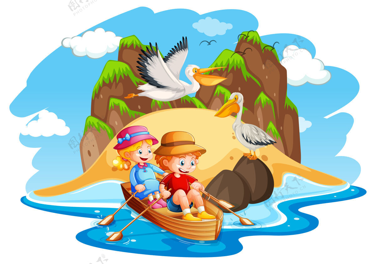 活着孩子们在海上划船的场景卡通森林托儿所