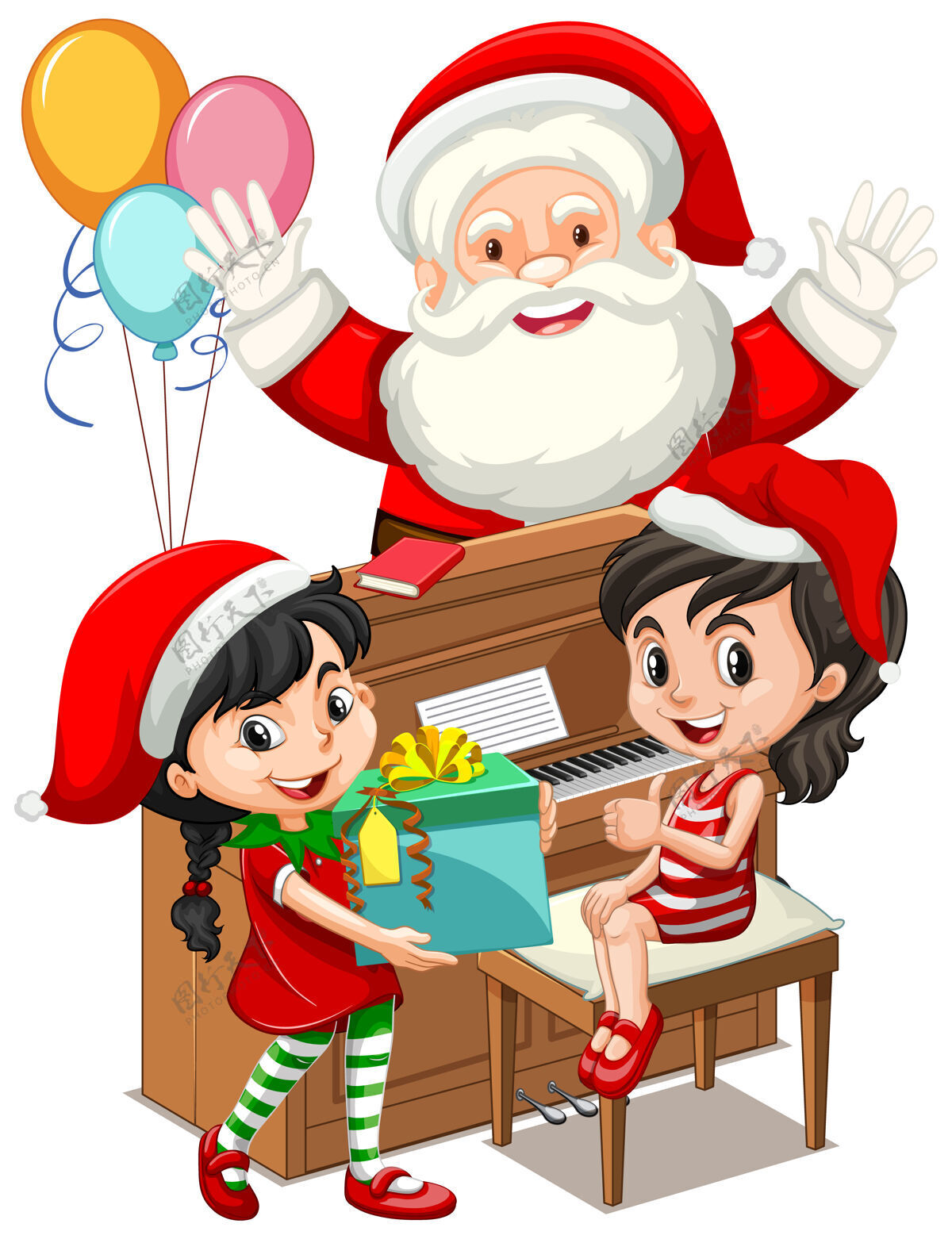 圣诞老人圣诞老人带着两个女孩在圣诞节弹钢琴乐趣插图年轻