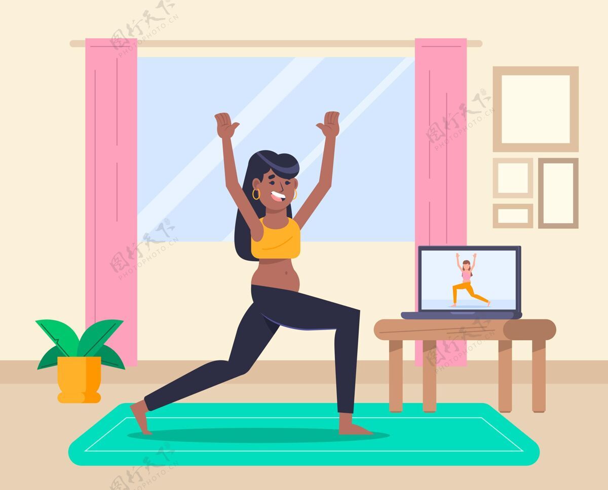 健身房画女人做网上体育课平衡姿势健身