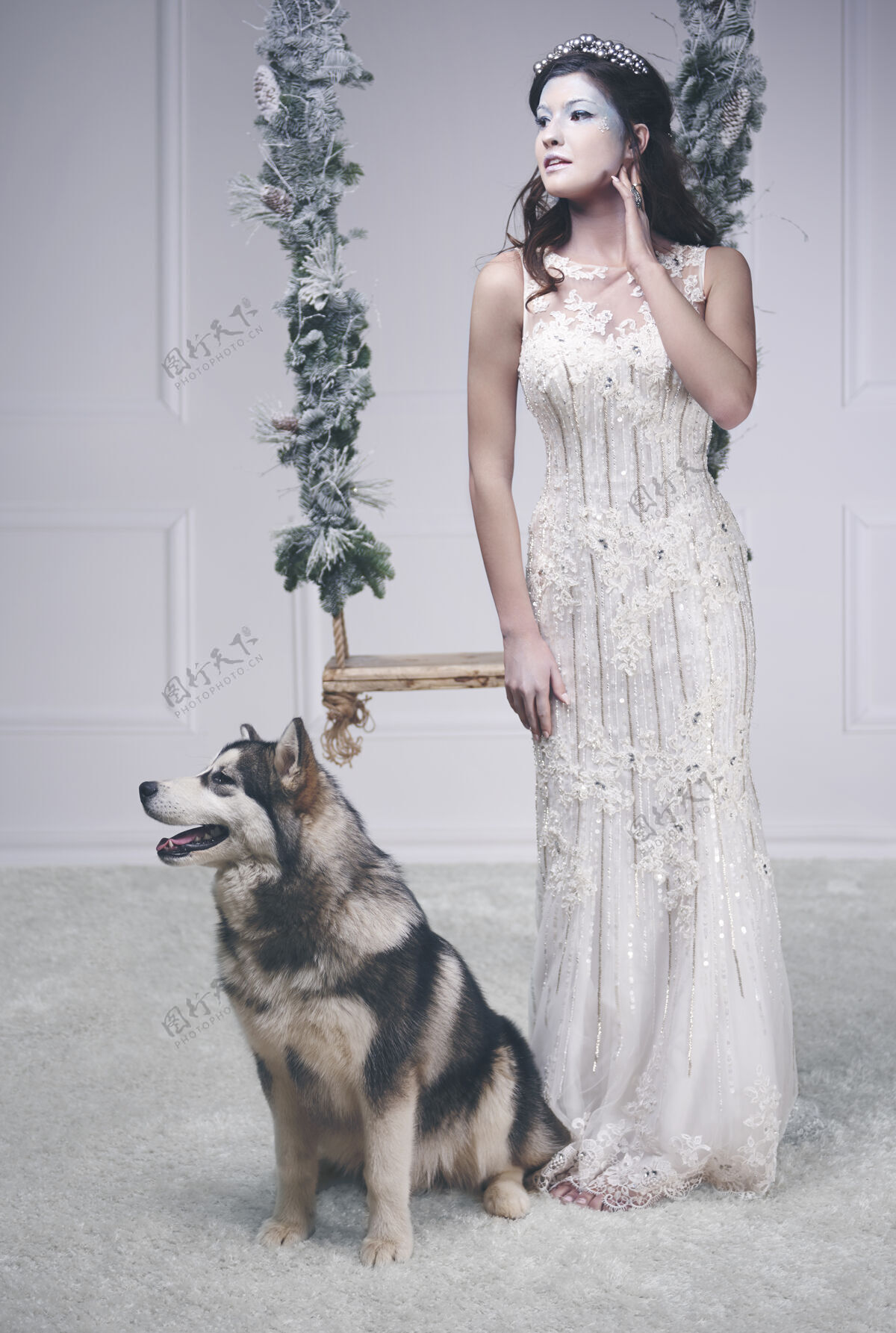 秋千冰女王和狗的全长肖像寒冷的温度爱的情感女人