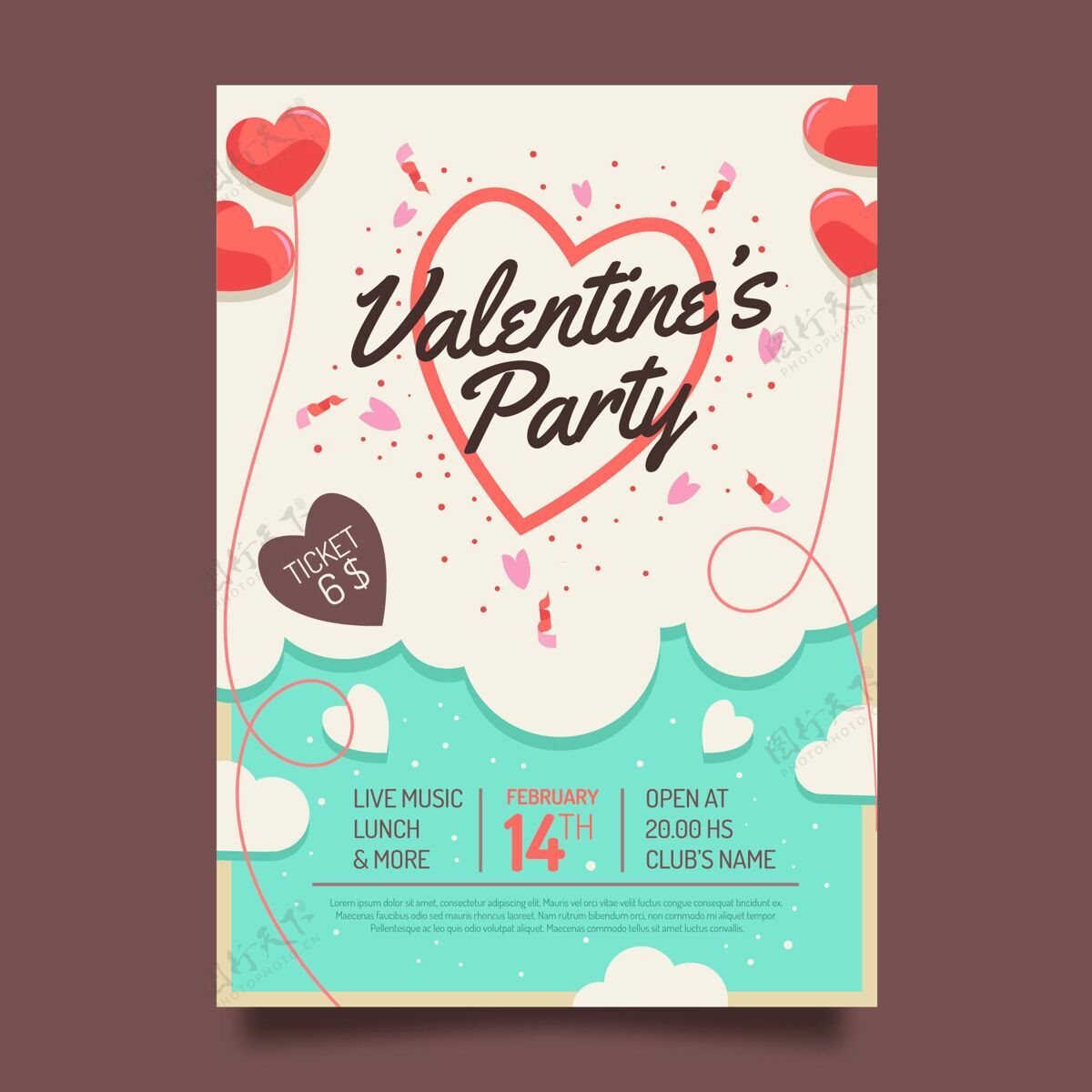 浪漫平面情人节派对海报模板传单设计2月14日