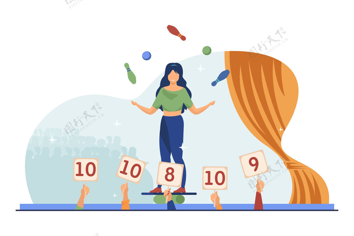 表演者女孩平衡和与球和小煤斗变戏法法官上升与分数平面矢量插图标志才艺表演 表演平衡表演评委