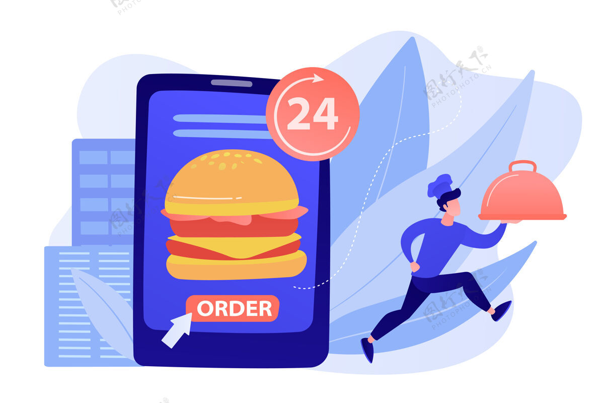 24小时在24小时提供的平板电脑上订购巨大的汉堡包和一个厨师送菜食品递送服务 在线食品订购 24-7食品服务概念粉珊瑚蓝载体独立插图送货绘图配送