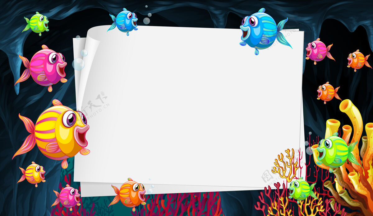 珊瑚礁水下场景中异域鱼类卡通人物的空白纸页娱乐海洋纸床单