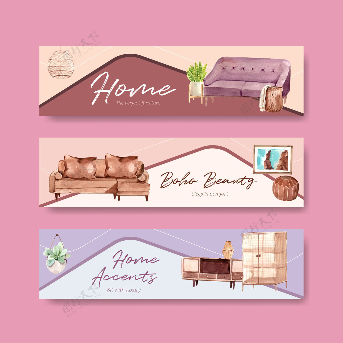 公寓横幅模板与波西米亚家具概念设计广告和营销水彩插图波西米亚房间家具