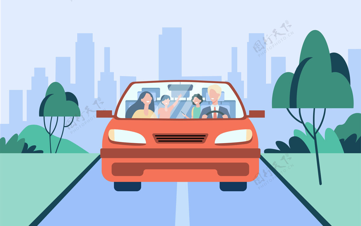 通勤一对幸福的家庭夫妇和两个孩子坐在车里父亲开着汽车前视图旅游矢量插图 公路旅行 交通概念交通旅行汽车