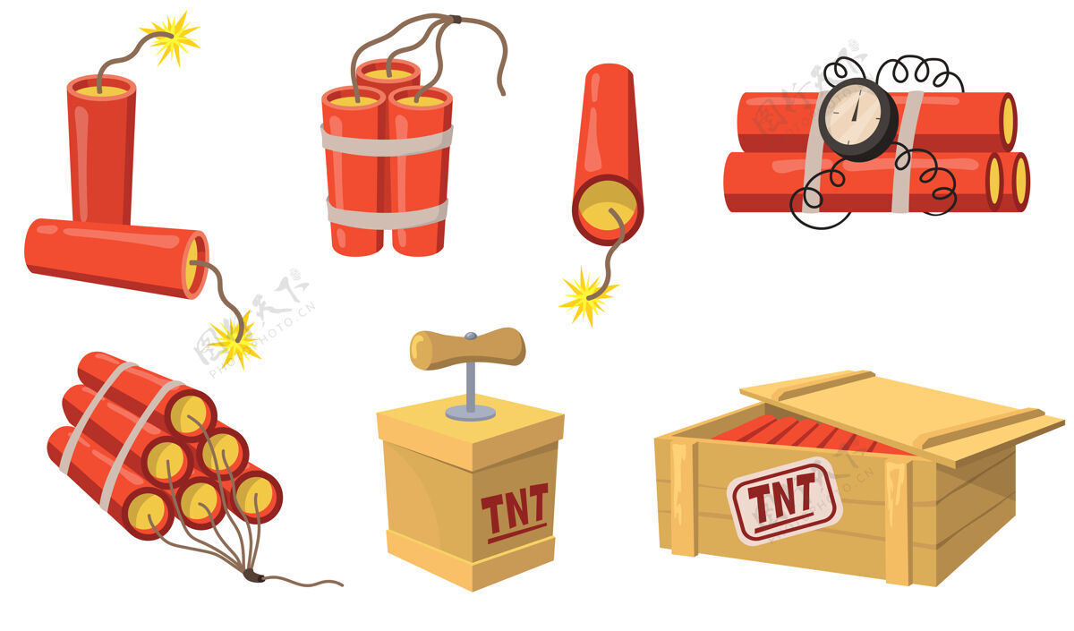 包旧式炸药平套网页设计卡通雷管和tnt炸药隔离矢量插图收集采矿和建设的概念电气对象火花